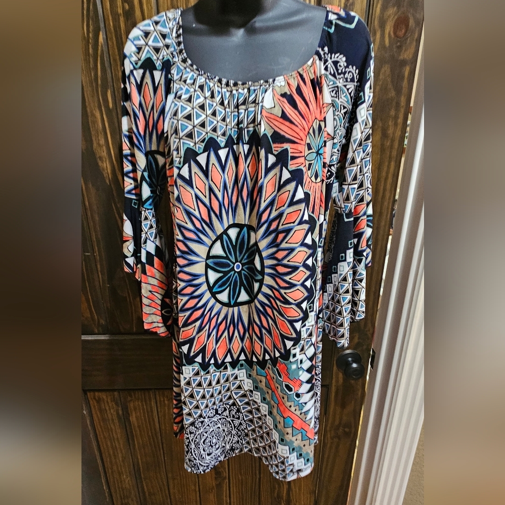 Geo-Medallion Midi Dress in Turquoise and Coral